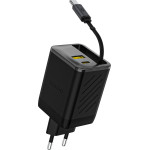Dudao A67EU Gan 67W Wall Charger With Built-In Retractable USB-C Power Delivery Quick Charge Cable - Black - (A67EU-black)