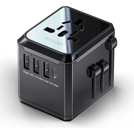 Yesido - Wall Charger - 3x USB, Type-C, For Travel, EU, UK, US, AUS, 3.6A - Black - (MC10)