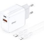 BWOO Wall Charger CDA182 Qc 38W 1x USB-A + 1x USB-C With USB-C C-Lightning Cable 1 m black