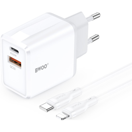 BWOO Wall Charger CDA182 Qc 38W 1x USB-A + 1x USB-C With USB-C C-Lightning Cable 1 m black