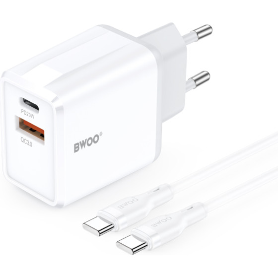 BWOO Wall Charger CDA182 Qc 38W 1x USB-A + 1x USB-C With USB-C Cable 1 m black