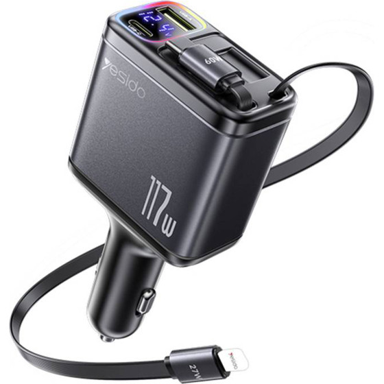 Yesido - 4in1 Car Charger (Y63) - With 2x Retractable Cable, Led Ambient Light, Fast Charging, 117W - Grey