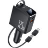 Yesido - 4in1 Car Charger (Y71) - With Type-C Retractable Cable + Lightning Adapter, Dual Port USB-A + Type-C, 125W, Led Display - Black