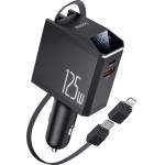 Yesido - 4in1 Car Charger (Y71) - With Type-C Retractable Cable + Lightning Adapter, Dual Port USB-A + Type-C, 125W, Led Display - Black