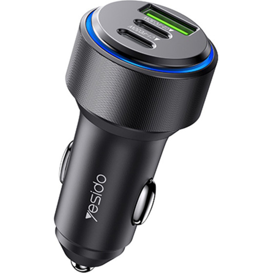 Yesido - Car Charger (Y50) - 2x Type-C, USB-A, Fast Charging, 60W, Led Lamp Ring, Intelligent Temperature Control Chip - Black