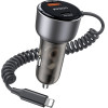Yesido - Car Charger (Y57) - With Lightning Spring Cable, Type-C/USB-A Ports, 50W, Fast Charging - Black