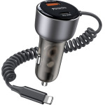 Yesido - Car Charger (Y57) - With Lightning Spring Cable, Type-C/USB-A Ports, 50W, Fast Charging - Black