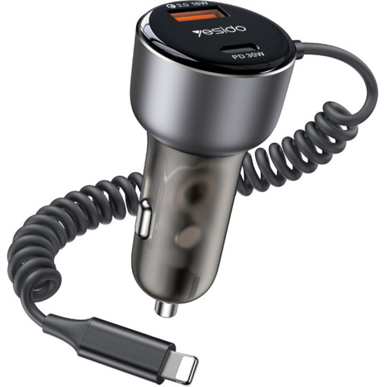 Yesido - Car Charger (Y57) - With Lightning Spring Cable, Type-C/USB-A Ports, 50W, Fast Charging - Black