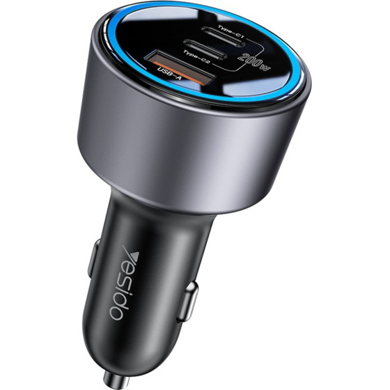 Yesido - Car Charger (Y59) - 2x Type-C, USB-A, 200W, Fast Charging, Multi Protection, Built-In Colorful Light - Black