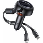 Yesido - Car Charger (Y61) - With 2x Telescopic Retractable Cable Type-C/Lightning, Fast Charging, USB-A, 53W - Black