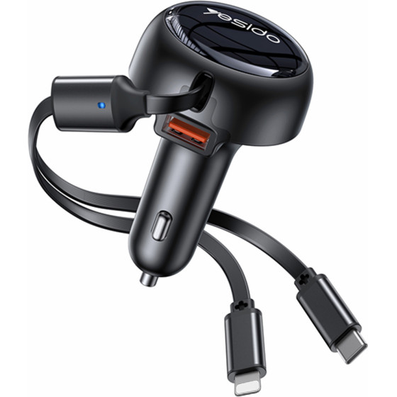 Yesido - Car Charger (Y61) - With 2x Telescopic Retractable Cable Type-C/Lightning, Fast Charging, USB-A, 53W - Black
