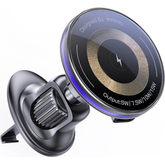 Yesido - Car Holder With Wireless Charging - For Air Vent, Flowing Light, Multi Folding Clamp Arm, Type-C, 15W - Black - (C308)