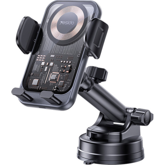 Yesido - Car Holder With Wireless Charging - For Dasboard, Electric Lock, Transparent Design, Smart Chip, 15W - Black - (C307)