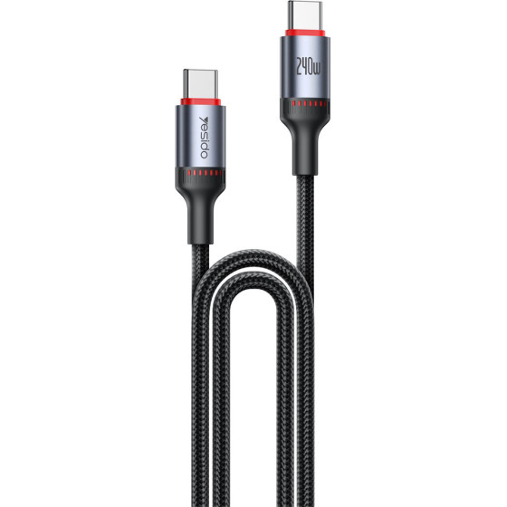 Yesido - Data Cable - Type-C To Type-C, Fast Charging, 480Mbps, 240W, 48V/5A, E-Mark Chip, Nylon Braided, 1.2m - Black - (CA185)