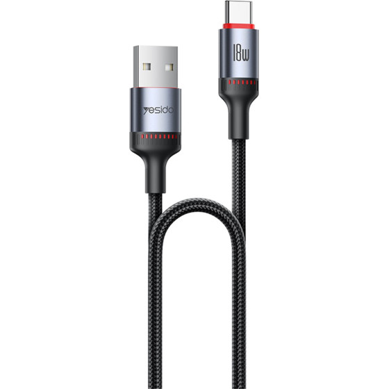 Yesido - Data Cable - Usb To Type-C, Fast Charge, 18W, 3A, 480Mbps, Carplay Compatible, Aluminum Alloy, 1.2m - Black - (CA129C)