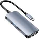 Yesido - Docking Station - Type-C To 2x USB, USB-C, SD/Tf Card, RJ45, 1000Mbps, Plug & Play - Gray - (HB15)