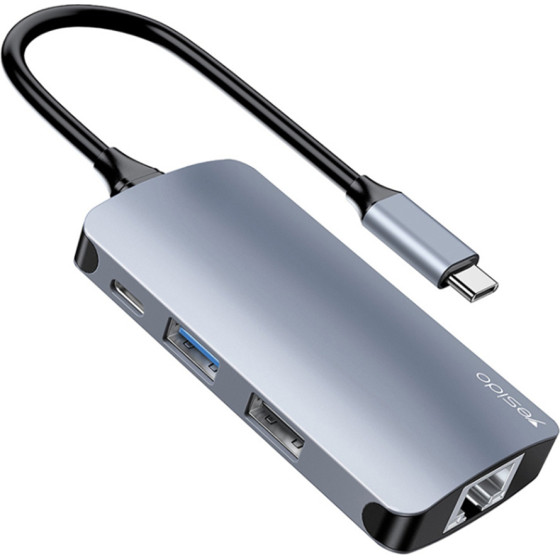 Yesido - Docking Station - Type-C To 2x USB, USB-C, SD/Tf Card, RJ45, 1000Mbps, Plug & Play - Gray - (HB15)