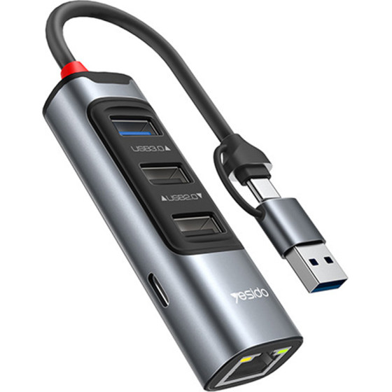 Yesido - Docking Station - USB, Type-C To 3x USB, USB-C, RJ45 100M, PD100W, Fast Charge, Plug & Play, 5GBps - Gray - (HB21)