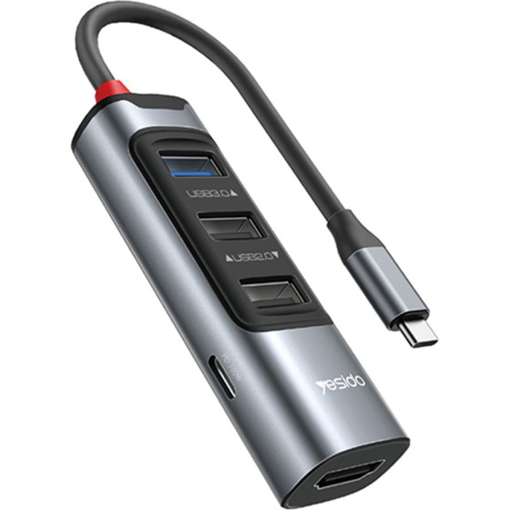 Yesido - Docking Station 5in1 - Type-C To 3x USB, USB-C, HDMI, PD100W, Fast Charge, 4K@30Hz, 5GBps - Gray - (HB22)