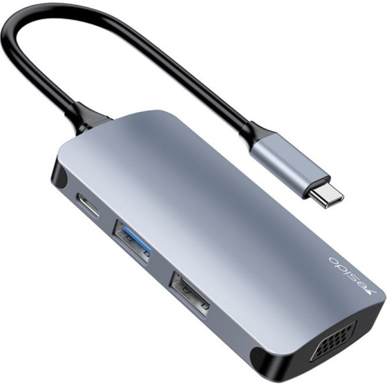 Yesido - Docking Station 7in1 (HB16) - Type-C To 1x USB3.0, 2x USB2.0, TF/Sd Card, 1x VGA, 1x Type-C, 5Gbps, PD100W - Gray