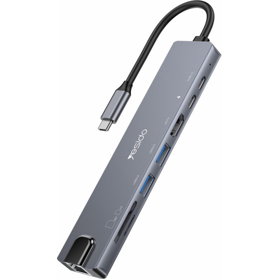 Yesido - Docking Station 8in1 (HB27) - Type-C To 2x USB, 2x USB-C, HDMI, RJ45, TF/SD, PD100W, Fast Charge, 4K@30Hz - Gray - (HB27;YESIDO)