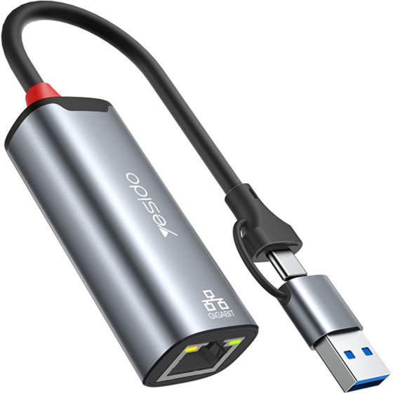 Yesido - Ethernet Adapter - USB, Type-C To RJ45, For Windows, MacOS, Linux, 1000MBps - Gray - (HB26)