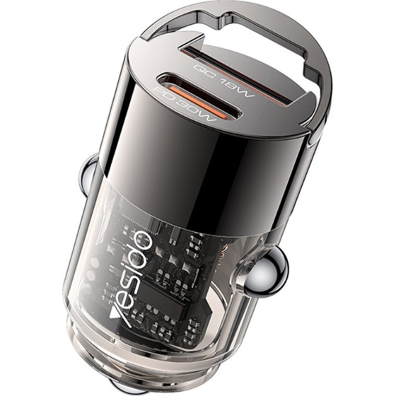 Yesido - Hidden Car Charger (Y68) - Dual-Port USB-A + Type-C, PD30W, Aluminum Alloy, Fast Charging - Black
