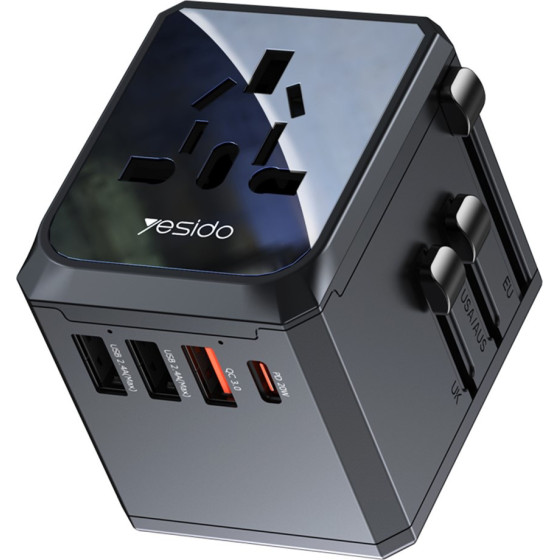 Yesido - Travel Adapter (MC24) - Type-C, USB3.0, 2x USB2.4, Multifunctional Fast Charger - Black