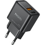 Yesido - Wall Charger (YC64) - Dual Port Type-C + USB-A, Fast Charging, Gan Technology, PD30W - Black