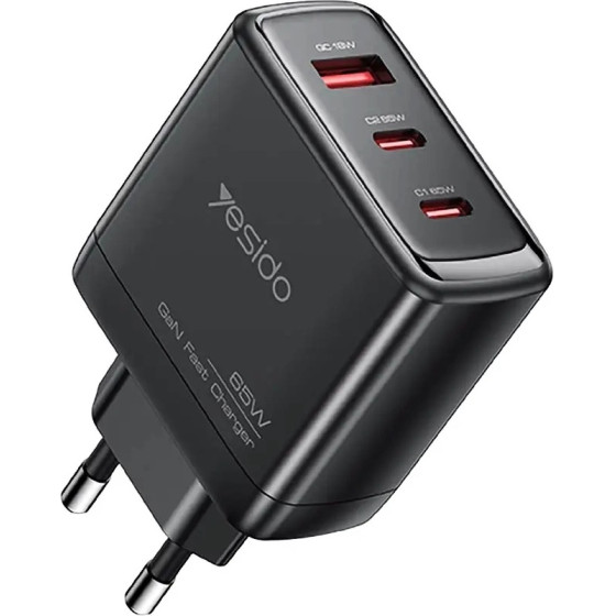 Yesido - Wall Charger - GaN, Fast Charge, For Phone, Tablet, USB, 2x Type-C, PD65W, QC18W, USB-C Cable, 1m - Black - (YC144C)