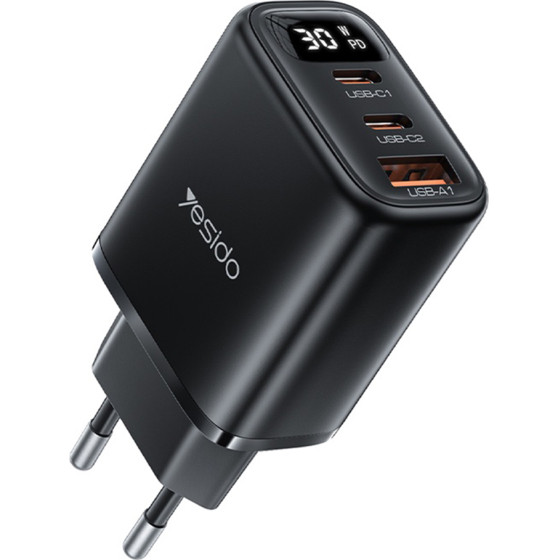 Yesido - Wall Charger - With Digital Display, Fast Charge, For Phone, Tablet, Laptop, USB, 2x Type-C, 30W - Black - (YC69)