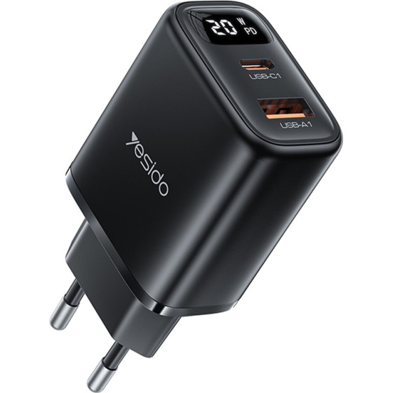 Yesido - Wall Charger - With Digital Display, Quick Charge, For Phone, Tablet, USB, Type-C, 20W - Black - (YC68)