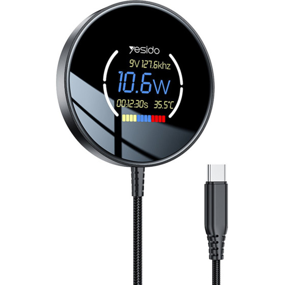 Yesido - Wireless Charging Station - Magnetic Grip, Digital Display, Fast Charging, 15W, Type-C Cable, 1.2m - Black - (DS28)