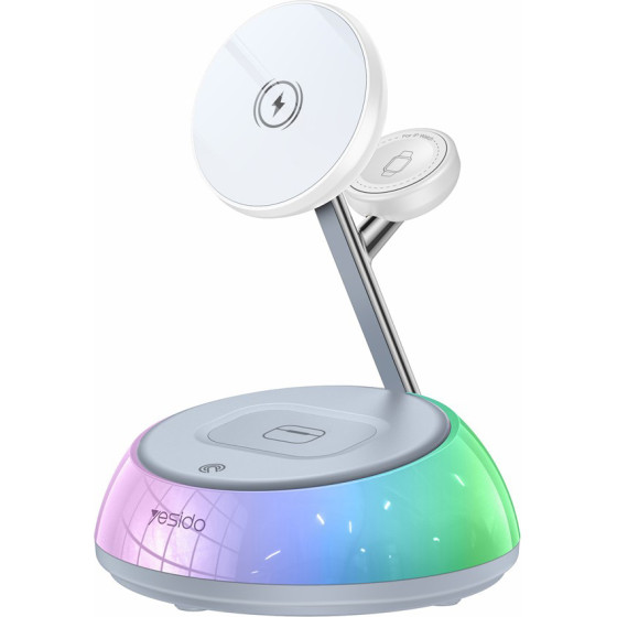 Yesido - Wireless Charging Station 3in1 - For iPhone, Apple Watch, AirPods, Magnetic Grip, Rgb Lighting, 15W - White - (DS31)