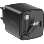 SBS Travel Charger With Retractable Cable Type C 30W Gan Black - (TETRRET30WK)