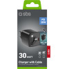 SBS Travel Charger With Retractable Cable Type C 30W Gan Black - (TETRRET30WK)
