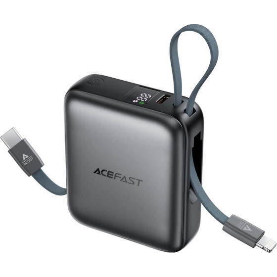 Acefast - Power Bank (M23-10000) - With 2x Built-In Cables, USB-C Port, 10000mAh, 22.5W, Two-Way Fast Charging, Led - Gray