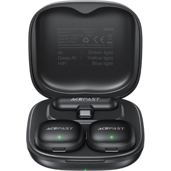 Acefast - Wireless Lavalier Microphones (R1) - Lightning, Hd 360�Sound, Ai Noise Reduction, 750mAh, Ultra-Low Latency - Black
