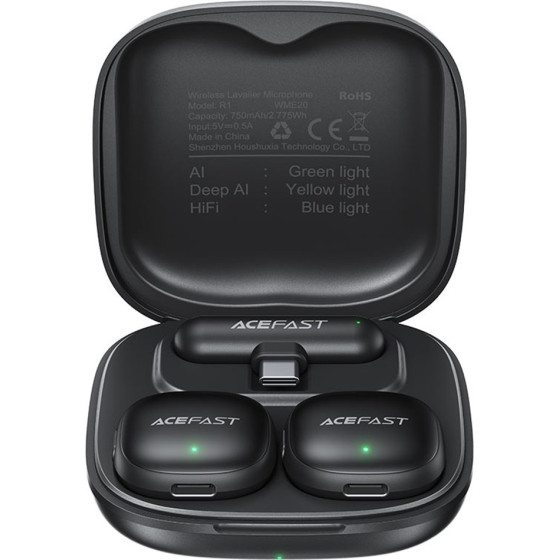 Acefast - Wireless Lavalier Microphones - Type-C, 360� Pickup Range, Noise Reduction, 750mAh, Ultra-Low Latency - Black - (R1)