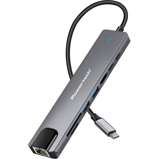 Powertech Docking Station 8 �����, USB-C �������, 100W PD, 1000Mbps, ���� - (PT-1537)