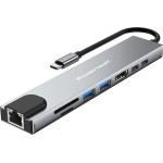 Powertech Docking Station 8 �����, USB-C �������, 87W PD, 100Mbps, ���� - (PT-1536)