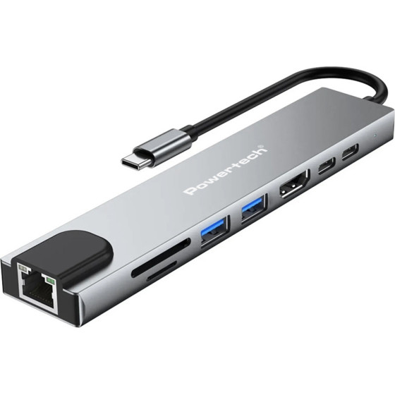 Powertech Docking Station 8 �����, USB-C �������, 87W PD, 100Mbps, ���� - (PT-1536)