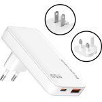 Powertech ��������� ������ EU/UK/Cn �����, USB/USB-C, 65W, GaN, ������ - (PT-1532)