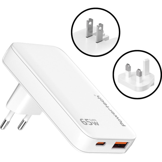 Powertech ��������� ������ EU/UK/Cn �����, USB/USB-C, 65W, GaN, ������ - (PT-1532)