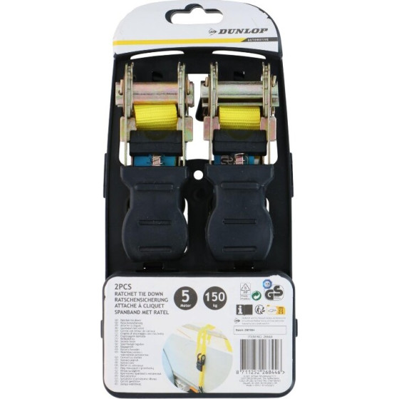 Dunlop - Ratchet Tie Down Strap With Locking Mechanism 5 m / 150 Kg 2 Pcs - (871125226844)