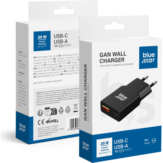 Blue Star Travel Charger Slim Gan 1x Type C + 1x Usb A Pd QC4.0 3A 25W black