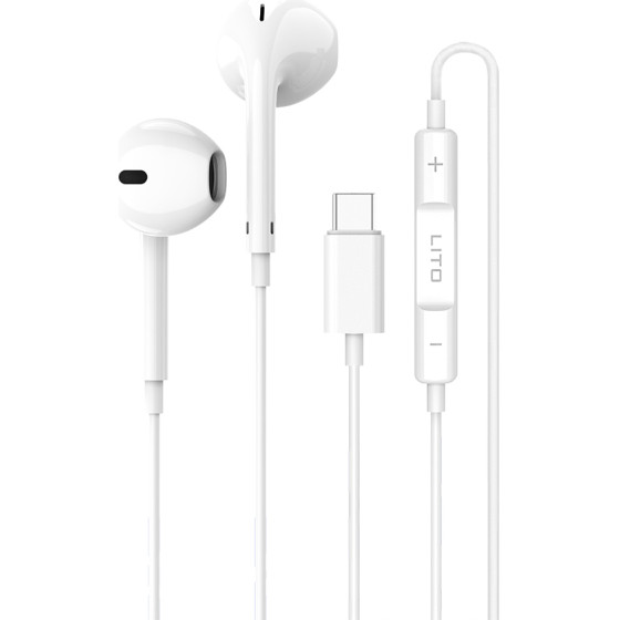 Lito - Wired Earphones - Type-C, Stereo, Half In-ear, With Hd Microphone, 1.2m - White - (LF01T)