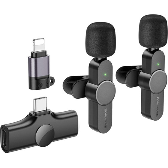 Borofone - (2 pack) Wireless Lavalier Microphones Trophy (BFK12) - 2.4Ghz, Type-C, Lightning, 70mAh - Black