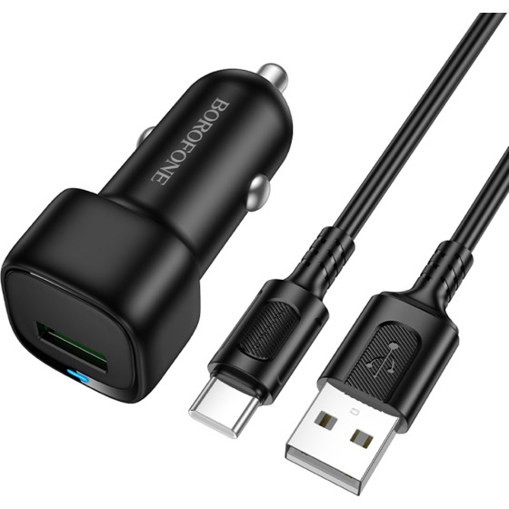 Borofone - Car Charger Cloud (BZ34) - USB-A/C Cable Included, Single Port USB-A, 18W (QC/FCP/AFC), ABS, For Dc 12-24V - Black