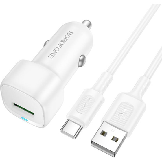 Borofone - Car Charger Cloud (BZ34) - USB-A/C Cable Included, Single Port USB-A, 18W (QC/FCP/AFC), ABS, For Dc 12-24V - White